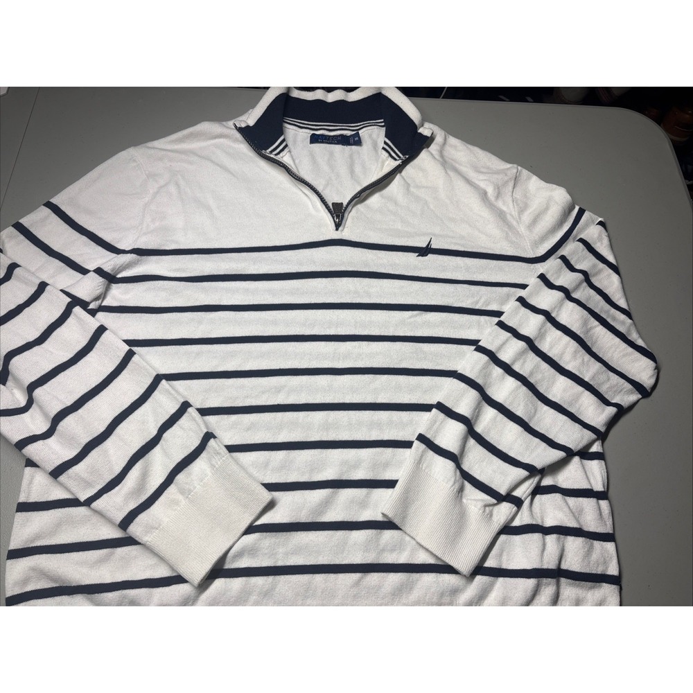 Nautica Navtech Men's XXL White Navy Striped Quarter Zip Sweater